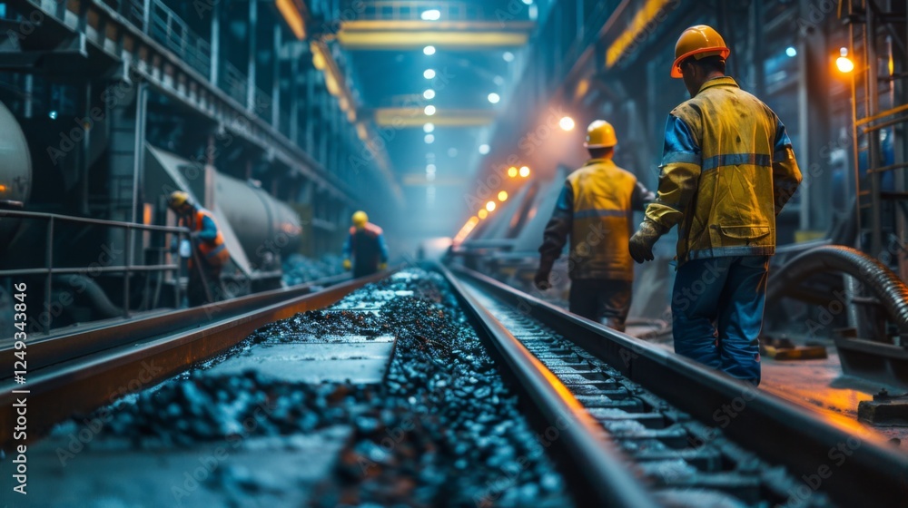 Poster workers in yellow safety helmets and vests walk along a railway track in a large industrial facility