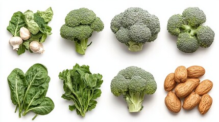 Fresh vegetables and almonds arranged neatly, showcasing broccoli, greens, and garlic for a healthy, vibrant meal.