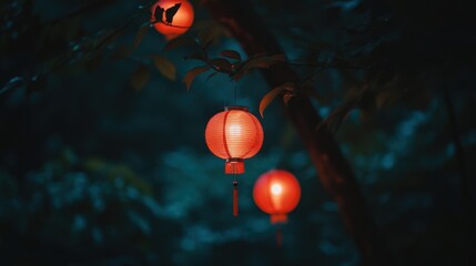 A tree with three red lanterns hanging from it