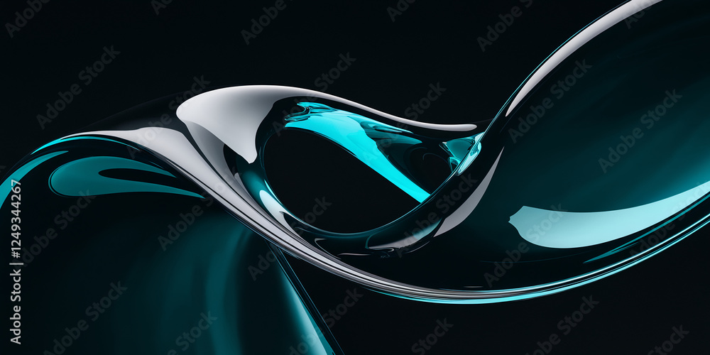 Poster a stunning abstract design with flowing smooth glass curves in shades of teal and black, symbolizing