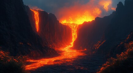 Fototapeta premium Breathtaking lava flow through mountainous terrain at sunset.