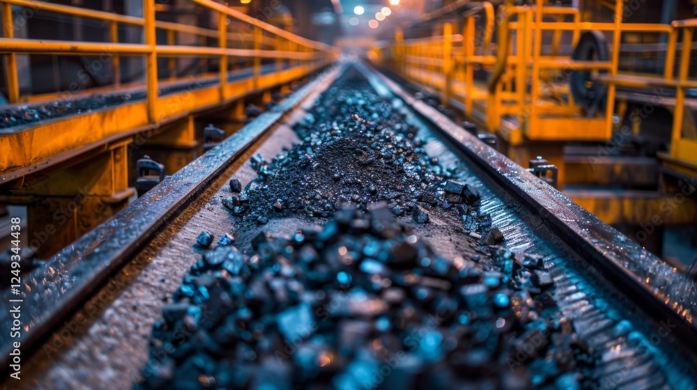 Poster a close up view of coal piled on a conveyor belt in an industrial facility, illuminated by overhead 