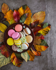 A variety of different macarons. A variety of colors and flavors of French almond dessert