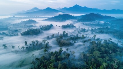 Obraz premium Misty Landscape with Lush Green Forest and Majestic Mountain Range