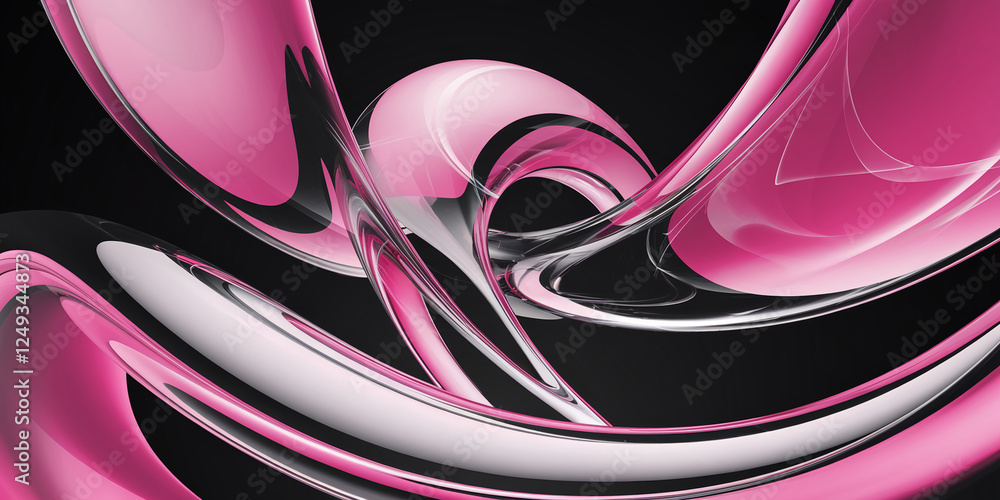 Poster a stunning abstract design with flowing pink and transparent curves against a dark background, symbo