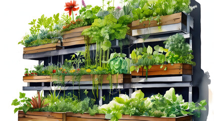 Verical Garden Urban Flower Plant Crop Beds Homestead Farming Food Production Agriculture Watercolor Art Painting