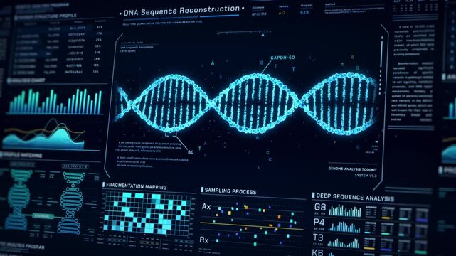 DNA Helix analysis visualization data, genome sequence ui screen, futuristic genetic engineering lab infographic interface, 3D biotechnology scan report dashboard, medical science technology backgound