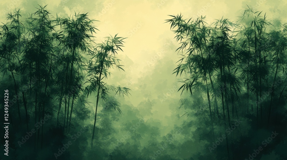 Poster serene bamboo forest with misty background creating a tranquil atmosphere for relaxation