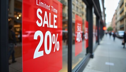 Red sale sign with "Limited Time 20%" on busy street, retail marketing concept