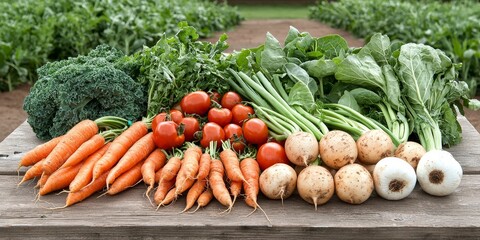 A colorful assortment of fresh vegetables including carrots, tomatoes, kale, and turnips displayed on a wooden table, perfect for healthy meals.
