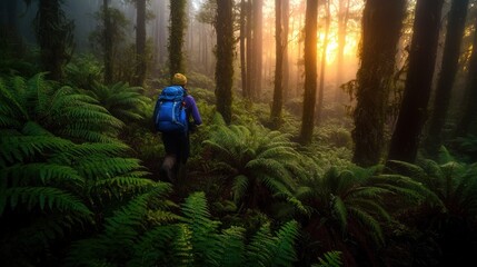 Fototapeta premium Hiker Navigating Through Lush Forest at Sunrise with Misty Background and Vibrant Foliage