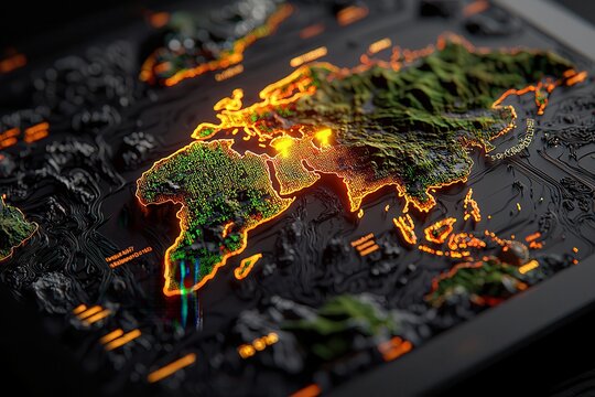 Technology of 5G: Wireless communication and streaming. Illuminated world map with vibrant terrain details and glowing effects. - Powered by Adobe