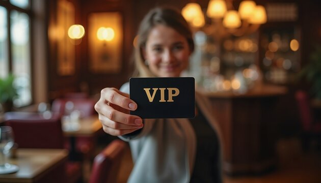 Smiling woman presenting VIP card in elegant restaurant, exclusive membership concept
