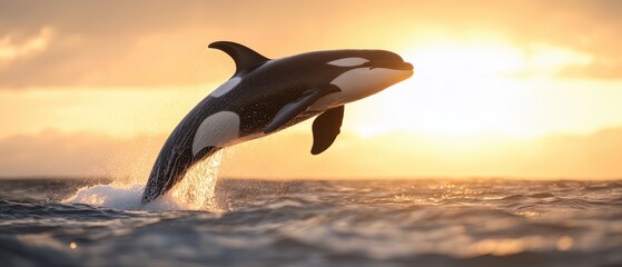 Majestic orca whale leaping at sunset over ocean waves