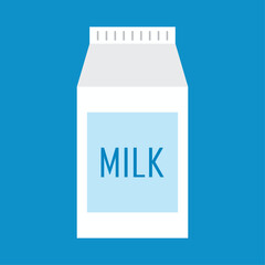 Milk in package isolated on blue background. Colorful Milk carton box icon. Elements for design dairy products, logo farm, grocery store, health food, etc. Vector flat design illustration, EPS 10. 