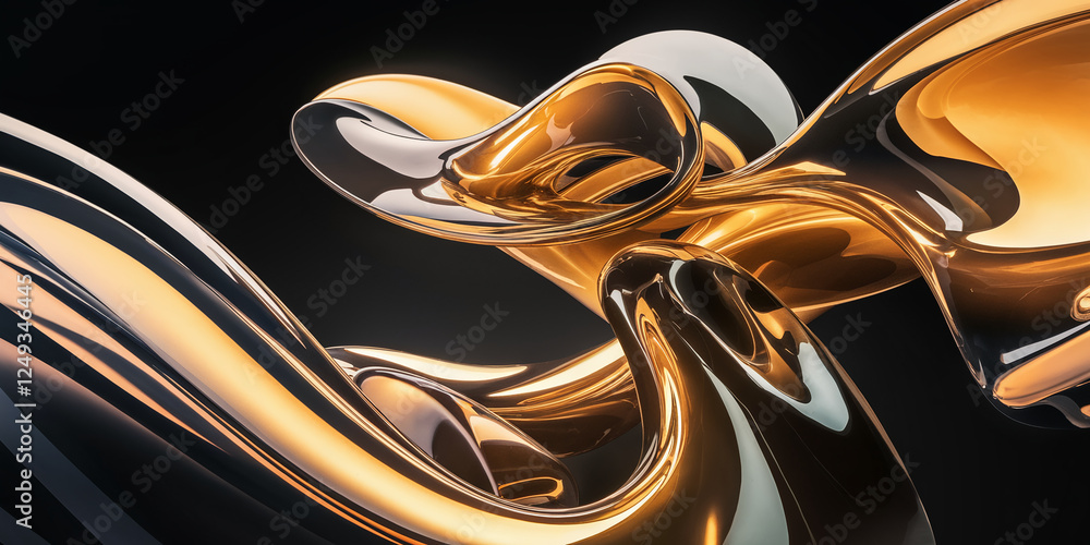 Poster a photo of a flowing abstract sculpture in golden and black hues, showcasing smooth, shiny curves an