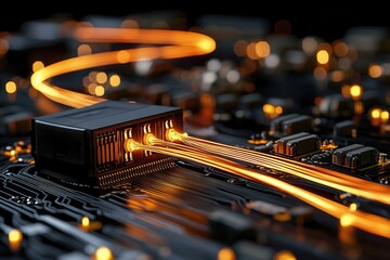 Technology of 5G: Wireless communication and streaming. Abstract close-up of a circuit board with glowing connections.