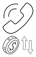 Phone receiver emitting sound lines with a dollar coin and arrows suggesting financial decisions, calls, or exchanges. Ideal for business, communication, commerce, investment, customer service