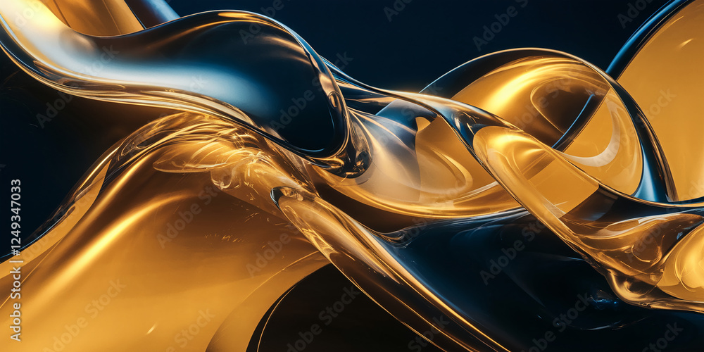 Poster A close-up of a mesmerizing abstract design featuring golden and transparent flowing curves, highlighting fluid motion and elegance, symbolizing luxury and creative design. Digital 3D fluid shape