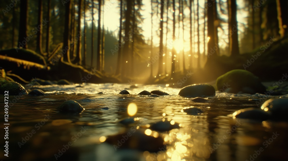 Wall mural a tranquil stream flowing through a lush forest with sunlight filtering through the trees.