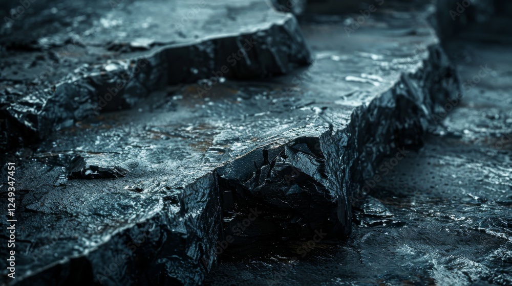 Aufkleber Unusual rock formations with dark surfaces and jagged edges are illuminated by ambient light, highlighting the unique textures and patterns that nature creates over time.