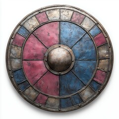 Fototapeta premium Historical Round Shield Featuring Alternating Blue and Pink Sections With a Central Boss, Representing Medieval Craftsmanship and Design