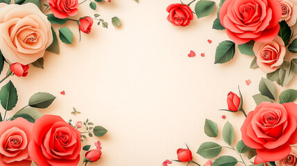 Aesthetic background in the form of a Valentine's day frame. VIEW OF THE ROSES FROM ABOVE, flat illustration