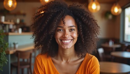 Smiling woman with curly hair in cozy cafe, perfect for lifestyle promotions