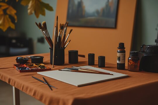 Artist's Workspace with Painting Supplies