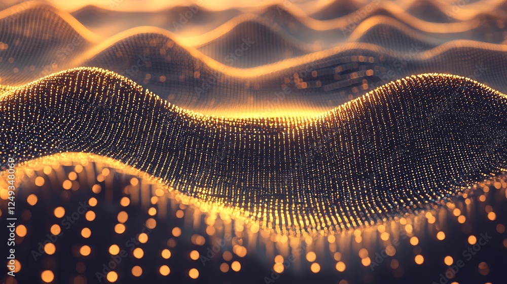 Poster abstract golden dots pattern on a dark wavy surface with blur background effect