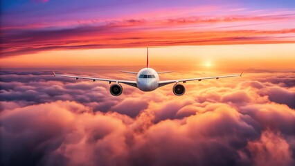Airplane Flying Above the Clouds at Sunset with Stunning Sky Colors