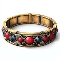Intricately Designed Metal Bracelet Adorned With Red and Blue Stones Displayed in a Bright Setting