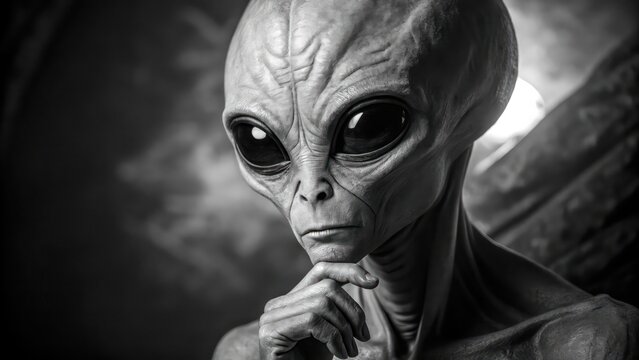 Mysterious Black and White Portrait of an Alien with Large Eyes and Intense Expression