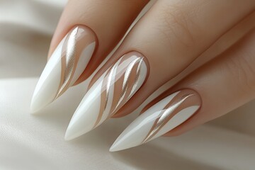 Elegant White and Gold Nail Design Showcasing Sharp Stiletto Shape on Manicured Hand