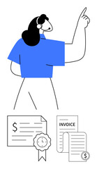 Modern woman pointing up with invoices, certificates, and payment icons below. Ideal for business, financial planning, office management, bookkeeping, certifications, success and educational