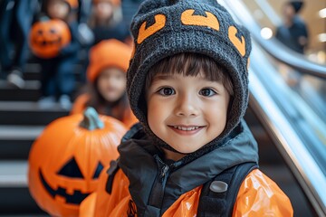 Young Child Smiles While Wearing an Orange and Gray Outfit With a Hat Decorated for Halloween and Holding a Pumpkin on an Escalator at a Shopping Center During a Festive Event