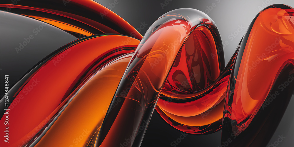 Poster striking abstract design consisting of vibrant orange, black, and amber glass-like elements, symboli