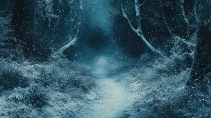 A snowy forest path with trees in the background