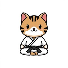 Cute Cat Cartoon in Karate Outfit with White Belt Pose