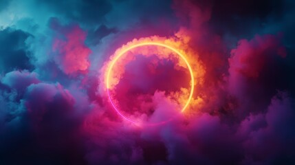 Obraz premium An abstract cloud illuminated with a neon light ring on a dark background, a glowing round frame