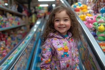 Child Enjoying a Brightly Colored Toy Aisle in a Store While Wearing a Playful Hoodie, Captured in a Lively Environment Filled With Plush Toys and Other Vibrant Merchandise