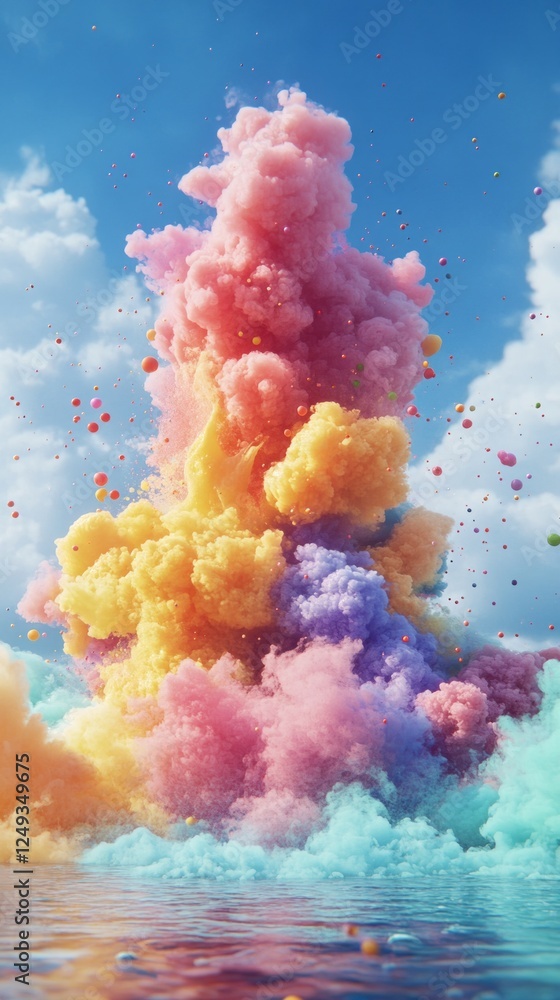 Poster a mesmerizing display of colorful ink swirls and smoke clouds bursts against a clear blue sky, creat