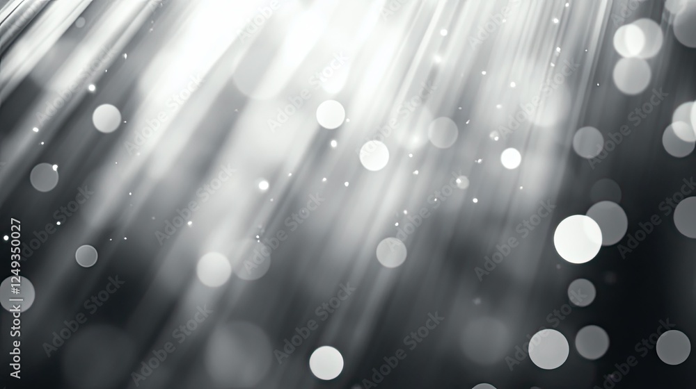 Poster soft light rays and shimmering bokeh in black and white background