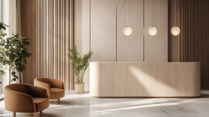 Modern lobby reception desk, sunlight, plants, chairs