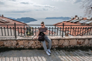 ourney, young woman embarks solo journey, middle breathtaking mountain panorama. Embracing...