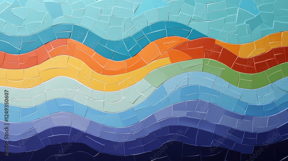 Poster colorful mosaic wallpaper with wavy patterns in vibrant shades of blue, orange, and green, creating 