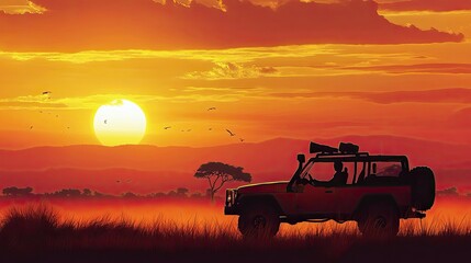 Fototapeta premium Majestic Sunset Over Landscape with Silhouetted Off-Road Vehicle