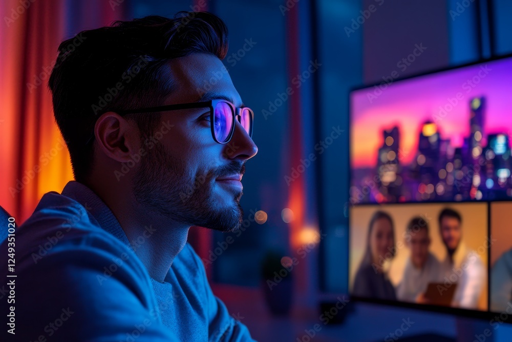 Poster young man with glasses working on computer in evening setting