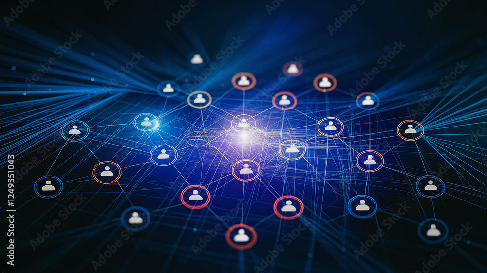 Poster a futuristic digital concept showcasing glowing network connections with user icons, symbolizing dat