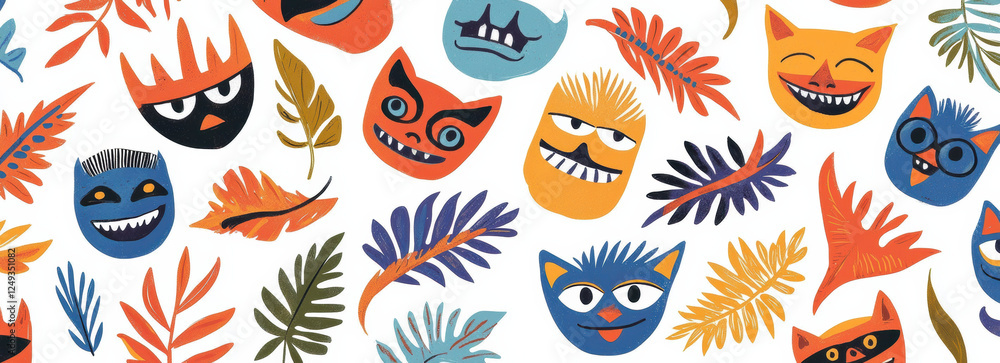 Poster colorful and playful mask patterns with tropical leaves create vibrant design